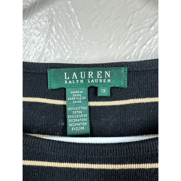 Lauren Ralph Lauren Black Gold Striped Button Shoulder Cotton Tee Plus Size 1X - Picture 3 of 5
